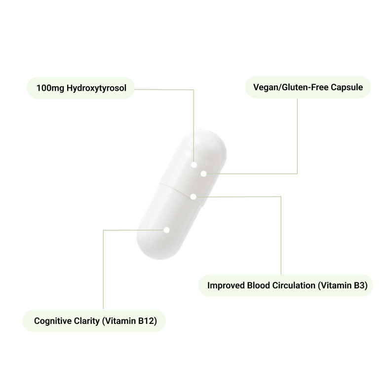 Olivara supplement facts panel — hydroxytyrosol, vitamin B3 & B12 per capsule