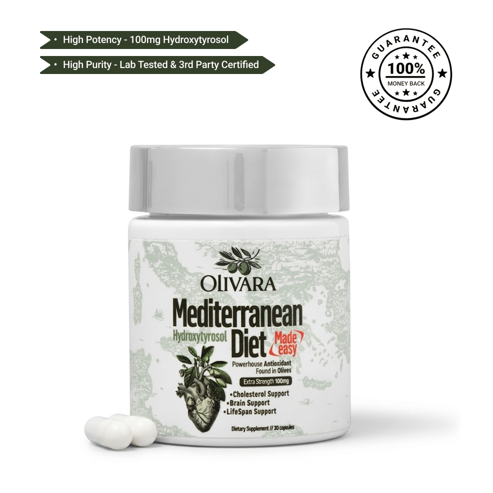 Olivara hydroxytyrosol supplement bottle, 30 vegan capsules — front label
